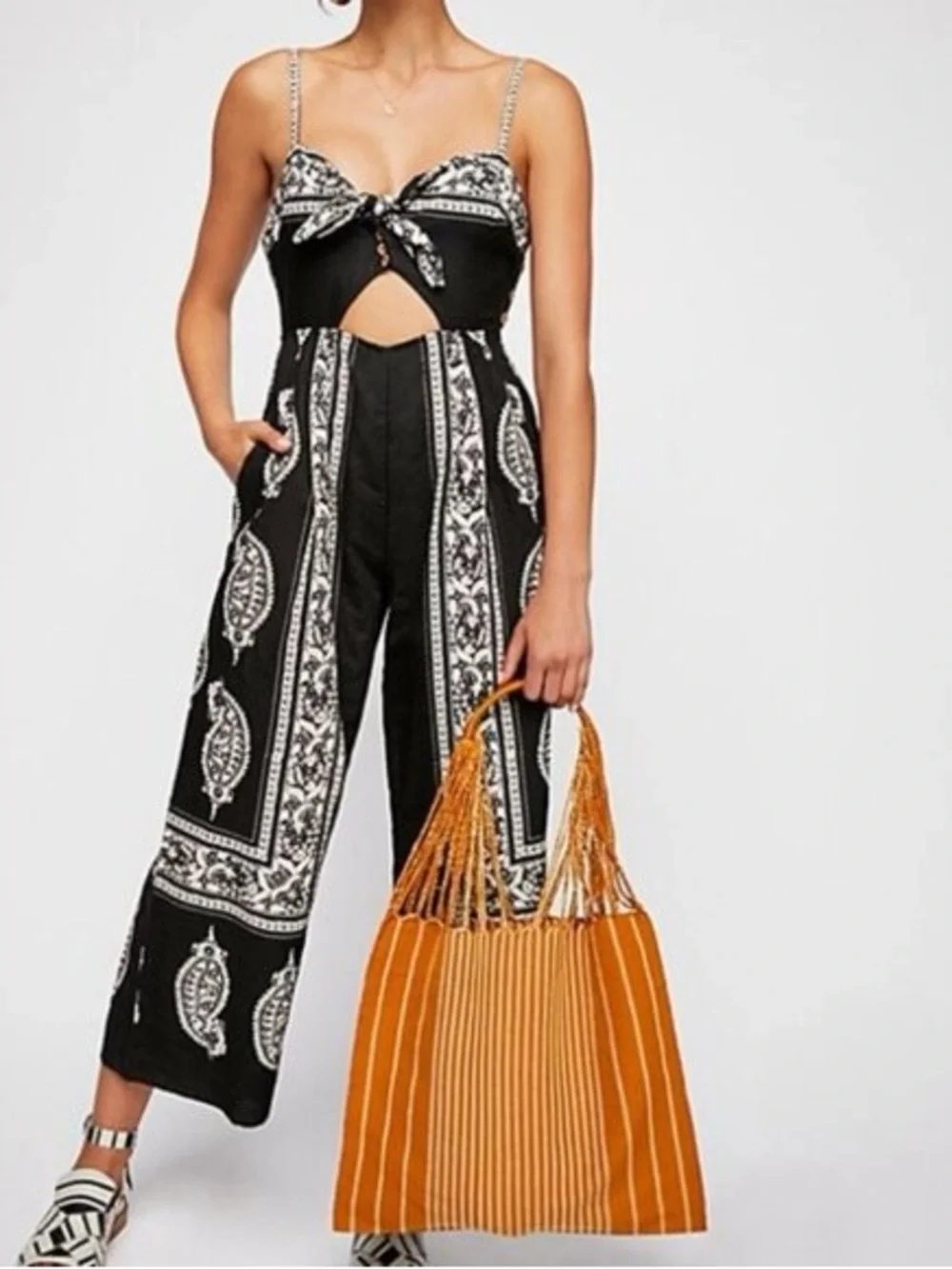 Free People Black Paisley Tie-Front Wide-Leg Jumpsuit - Picture 2 of 4